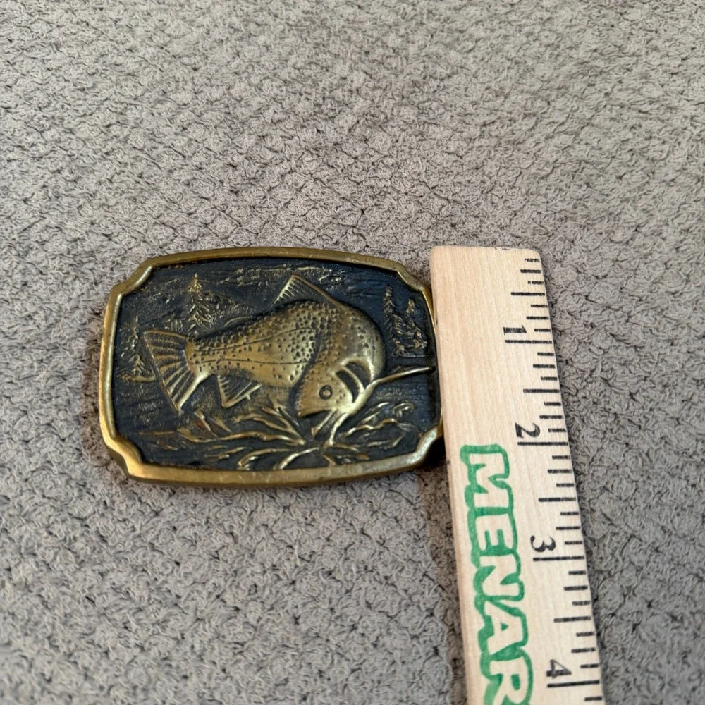 Vintage 1980s BTS Solid Brass Bass Fish Belt Buckle USA Made Scalloped Edge OS